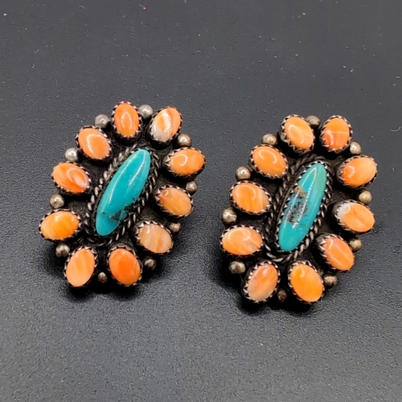 L. Bahe Native American Sterling Silver Turquoise & Spiny Oyster Signed Earrings - Picture 4 of 16